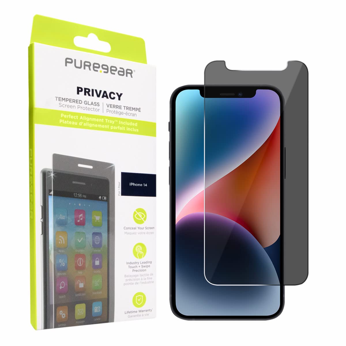 PureGear 2-Way Privacy Tempered Glass Screen Protector Compatible w/ Apple iPhone 14 (2022) 6.1", Self Alignment Installation Tray, Touch Sensitive,