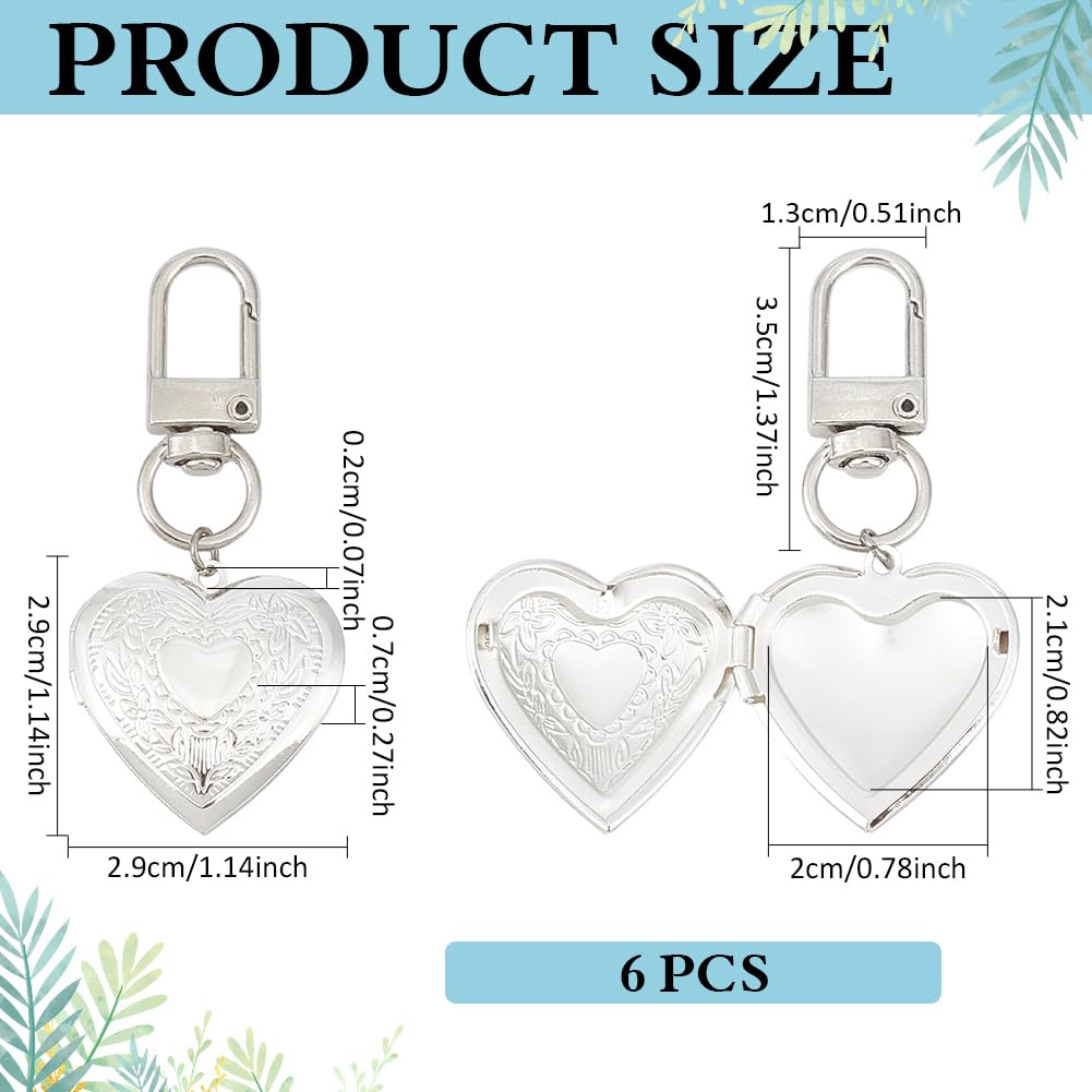 MAYJOYDIY 6 Porte Clés Médaillon Cœur Argenté 6.4cm Pendentif Cœur Vintage Souvenir Photo pour la Fabrication de Bijoux la Fête des Mères la Saint Valentin les Loisirs Créatifs