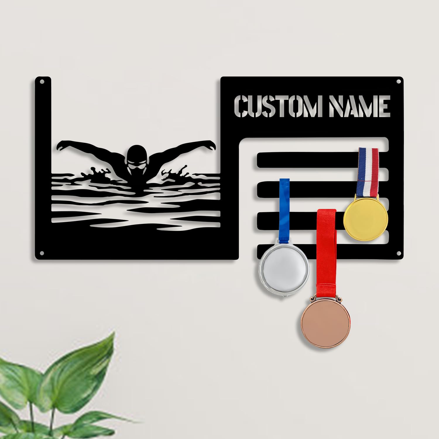 Condlin Personalized Swimming Medal Hanger Display Holder Rack for Awards and Ribbons Custom Name Sports Swim Medal Holder Display Rack Wall Mount Shelf Swim Wall Mount Tiered Ribbon Hanger