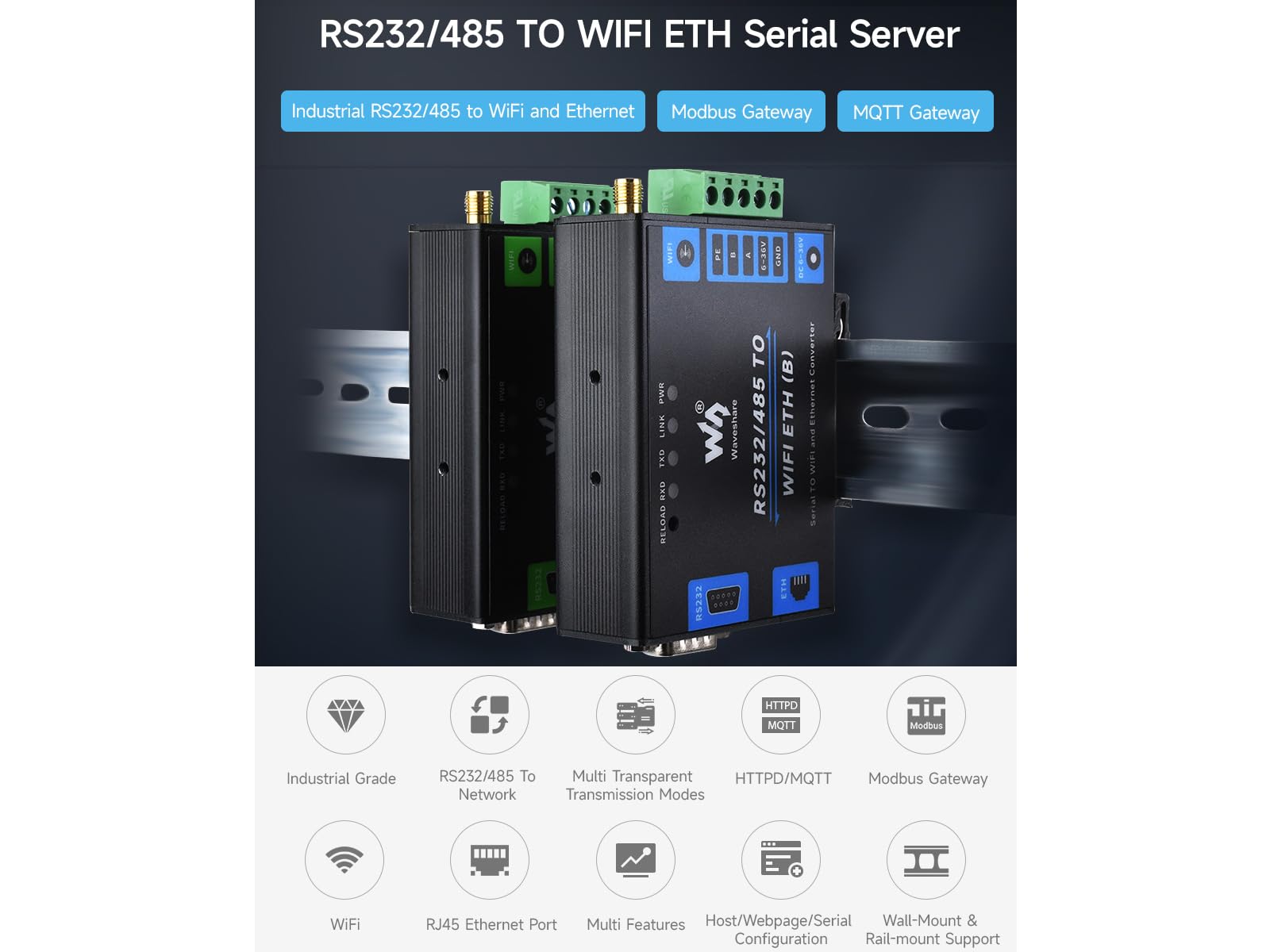 Waveshare RS232/485 to WiFi and RJ45 Ethernet Converter Module Industrial Grade Serial Server,Support Ethernet to WiFi,Serial Port to Ethernet, Modbus Gateway, MQTT Gateway