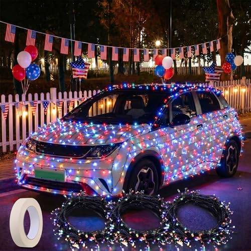 Honoson 197 ft 600 LED Red White and Blue Lights for Christmas Car Decor Patriotic Veterans Day String Lights Battery Operated Waterproof 8 Modes Auto Timer with Masking Tape for Golf Cart Anniversary