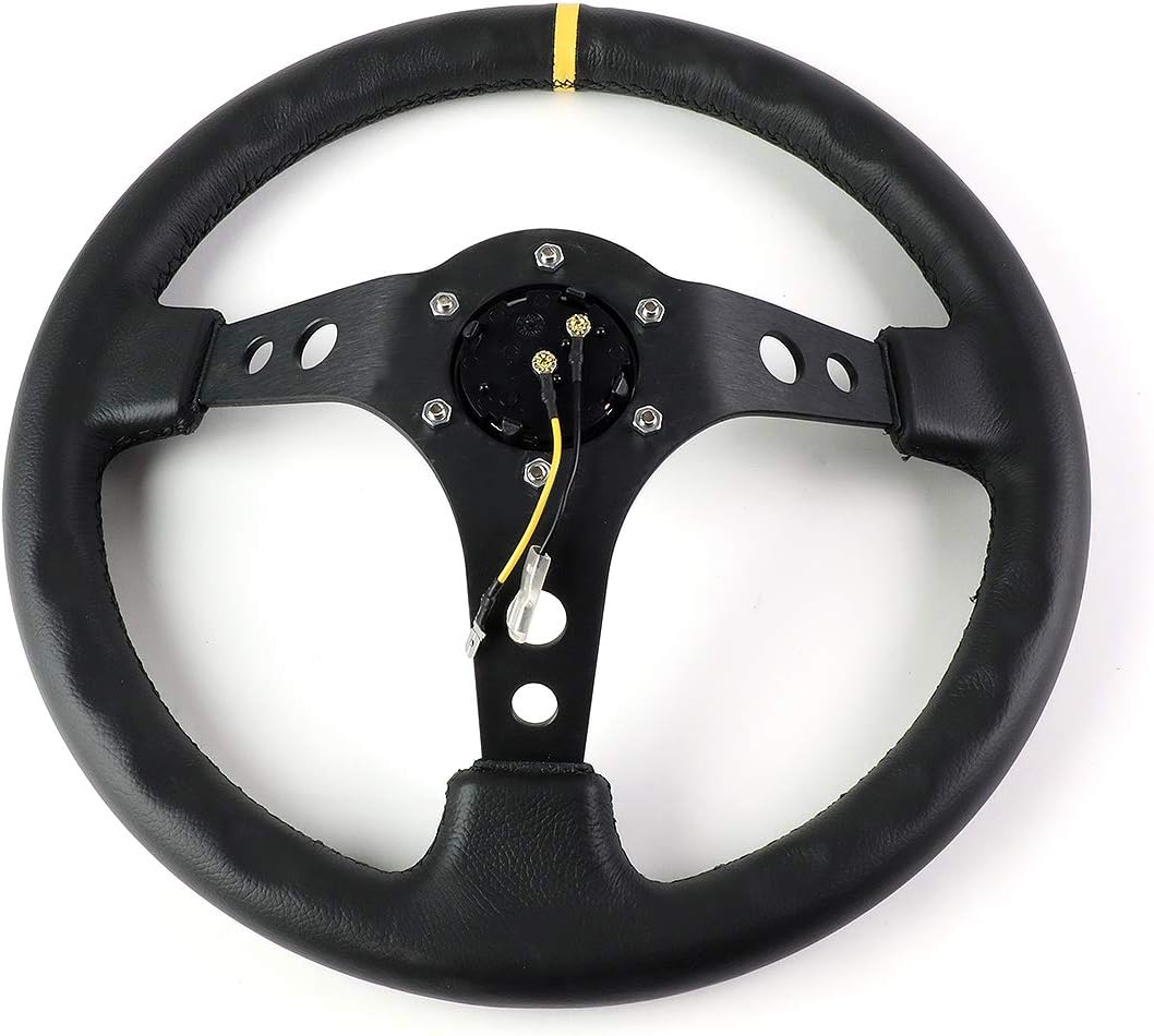 NRG Steering Wheel - 06 (Deep Dish) - 350mm (13.78 inches) - Black Leather with Black Spokes/Yellow Stripe - Part # ST-006BK-Y by NRG Innovations