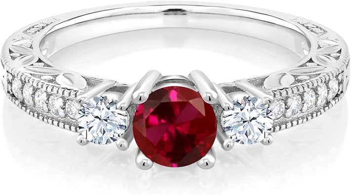 Gem Stone King 925 Sterling Silver Round Red Created Ruby Ring For Women 1.35 Cttw