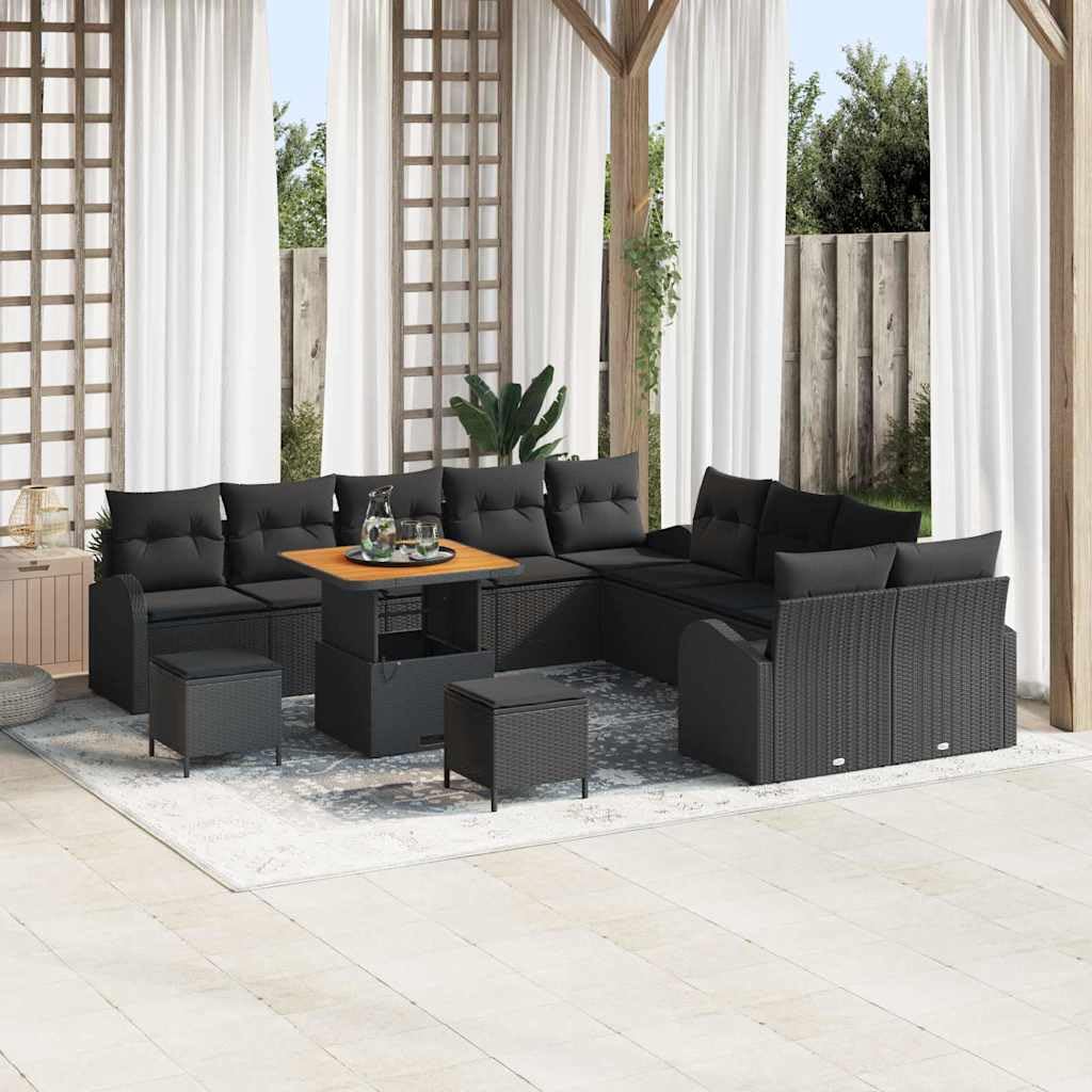 Garten Lounge Set Poly Rattan Möbel Schwarz 13-Teilig | Moderne Sitzgruppe mit Akazienholz-Tisch und Kissen für Terrasse, Balkon und Außenbereich mit zusätzlichem Stauraum.