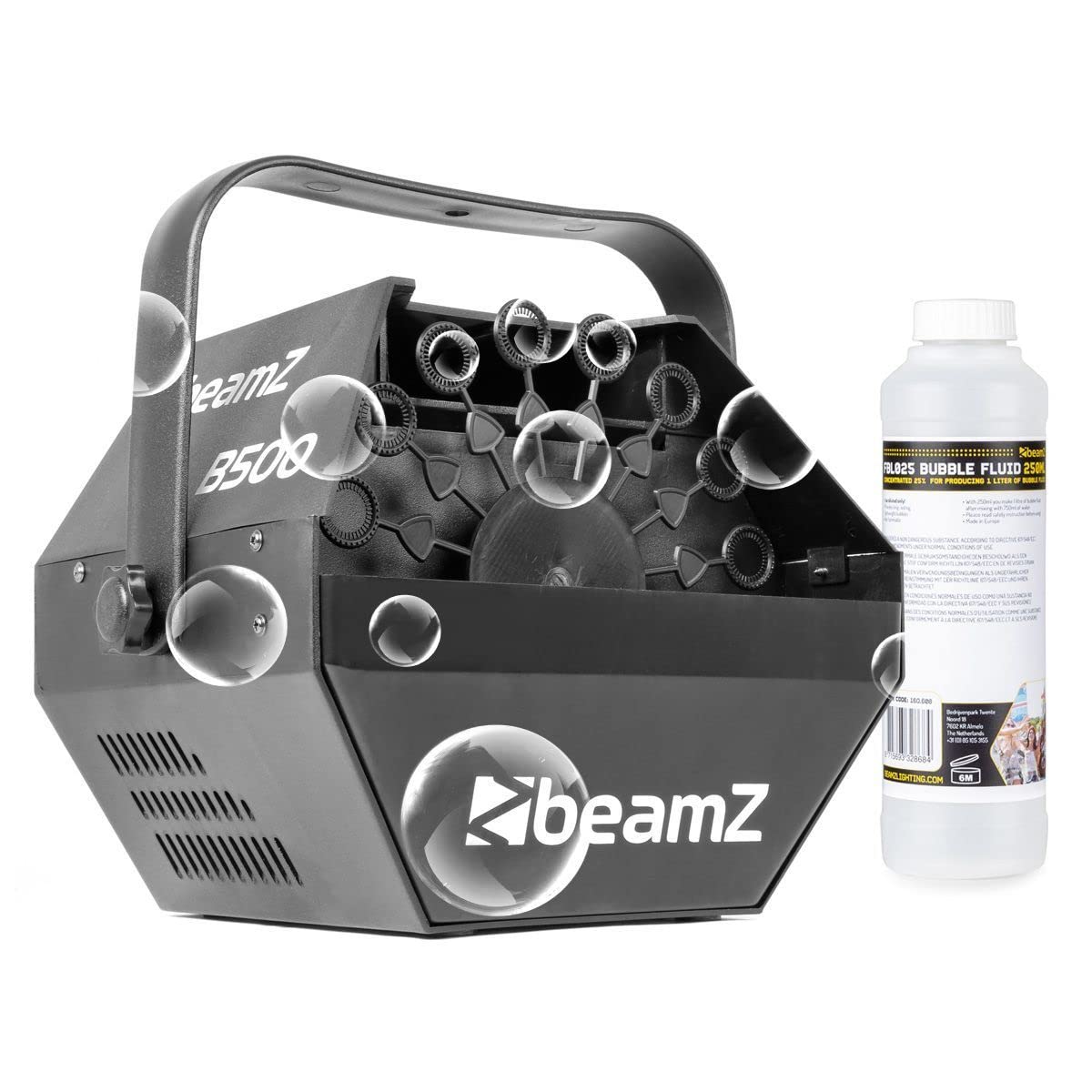 BeamZ B500 - Máquina de Burbujas compacta con Ventilador Potente y líquido Concentrado Incluido Ideal para Fiestas Infantiles Eventos espectáculos animaciones Compatible con líquidos universales