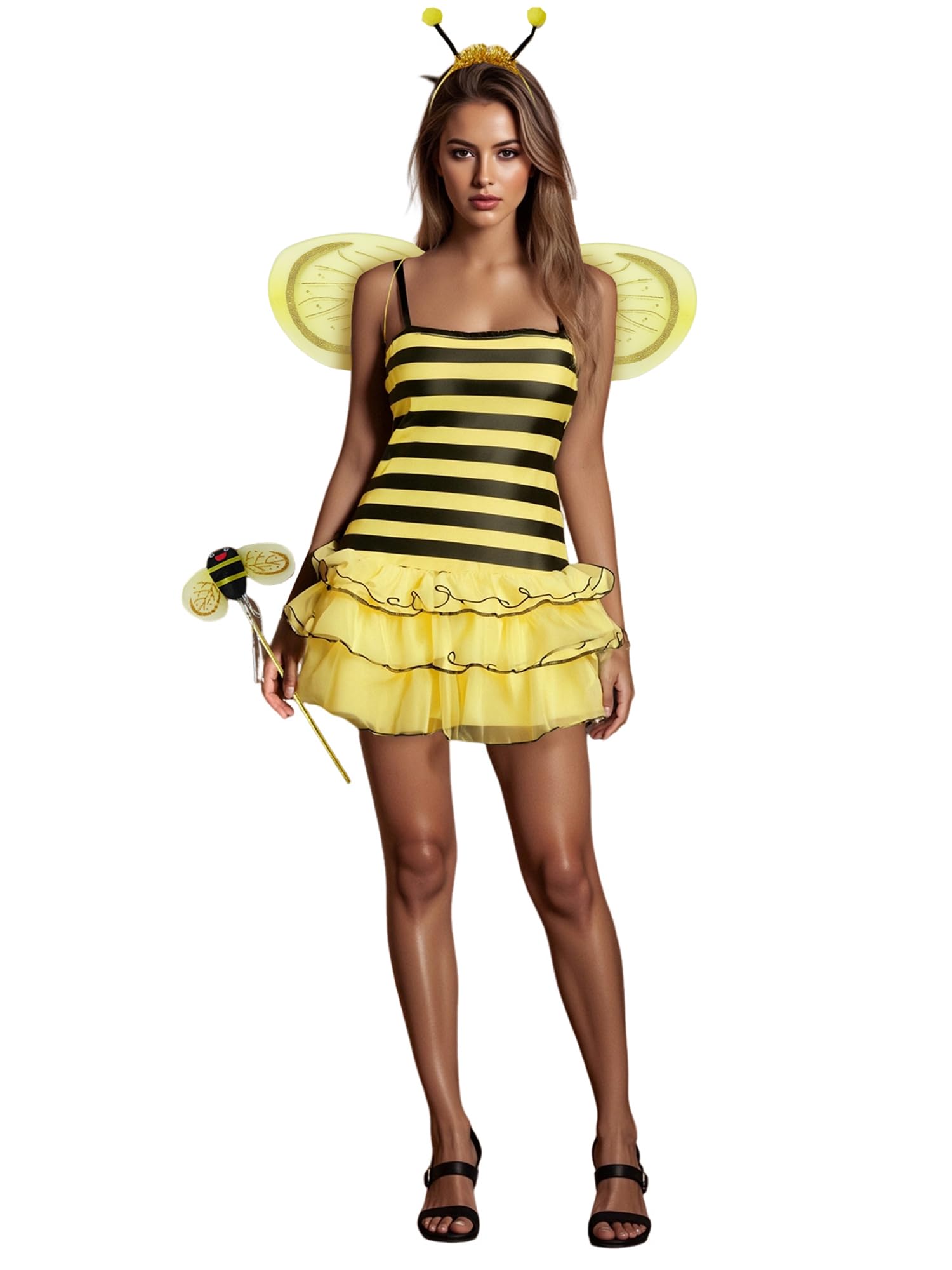 Acrawnni Womens Cosplay Costume Set Halloween Yellow Honey Bee Dress with Wings Headband Leg Sleeves for Party Cosplay Fancy Dress (D-Yellow, XL)