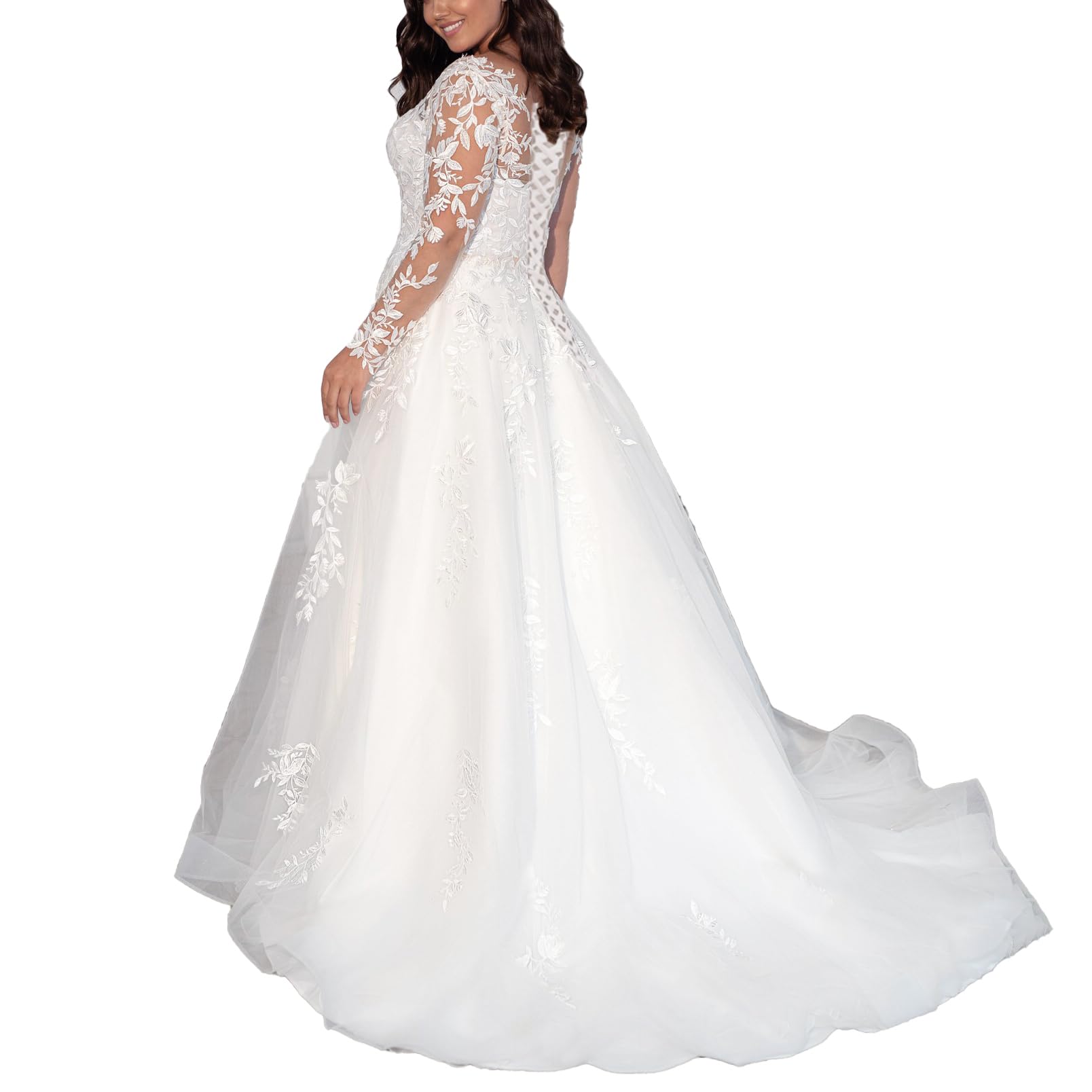 brautkleid a Linie Spitze hochzeitskleid Boho V Ausschnitt Langarm Große Größen mit langem Zug AL-VN595