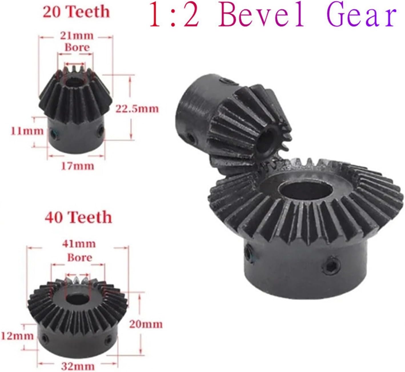 Industrial helical Gear 1:2 Bevel Gear 1 Modulus 20 Teeth :40 Teeth Transmission / 90 Degrees Bore 6mm 8mm 10mm 12mm (Size : 20T bore 10)