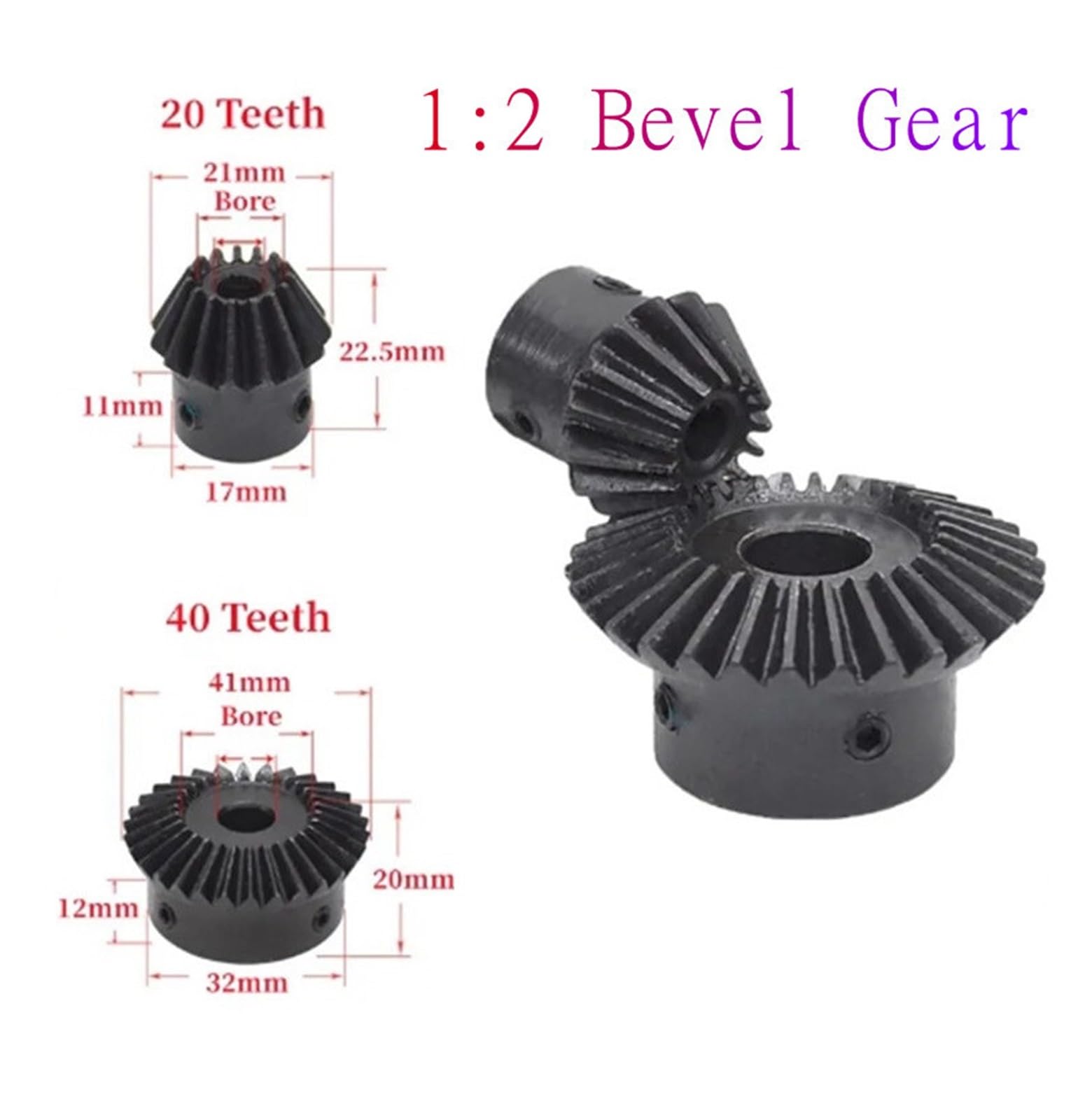 Bevel Gear Pinion Hardware Mechanical 1:2 Bevel Gear 1 Modulus 20 Teeth :40 Teeth Transmission / 90 Degrees Bore 6mm 8mm 10mm 12mm(40T bore 12)