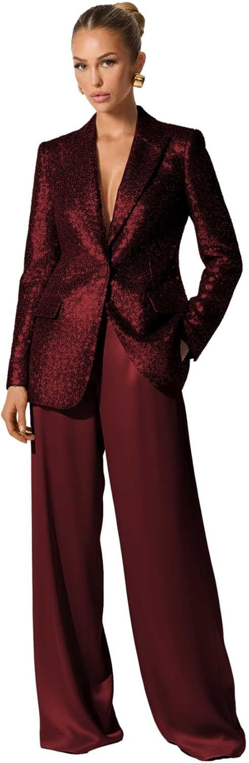Sequin Womens Suit 2 Piece Peak Lapel Pant Suits for Women Dressy One Button Glitter Prom Tuxedo for Wedding Guest