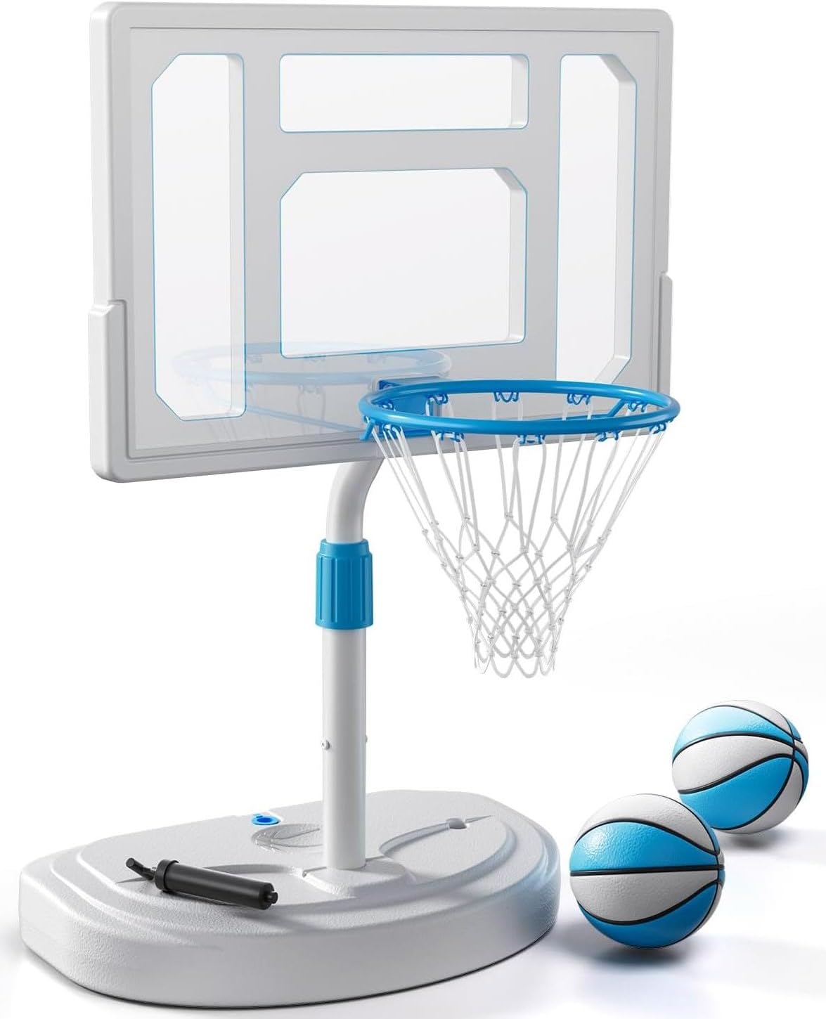 Swimming Pool Basketball Hoop, Stainless Steel Adjustable Poolside Basketball Goals System with 32 Inch Shatterproof Backboard, 2 Balls & Pump Included