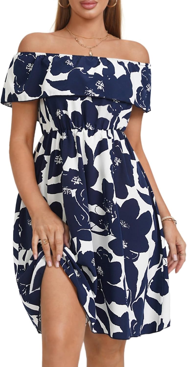 Womens Off Shoulder Ruffle Floral Wedding Guest Dresses A Line Shift Short Skater Dress