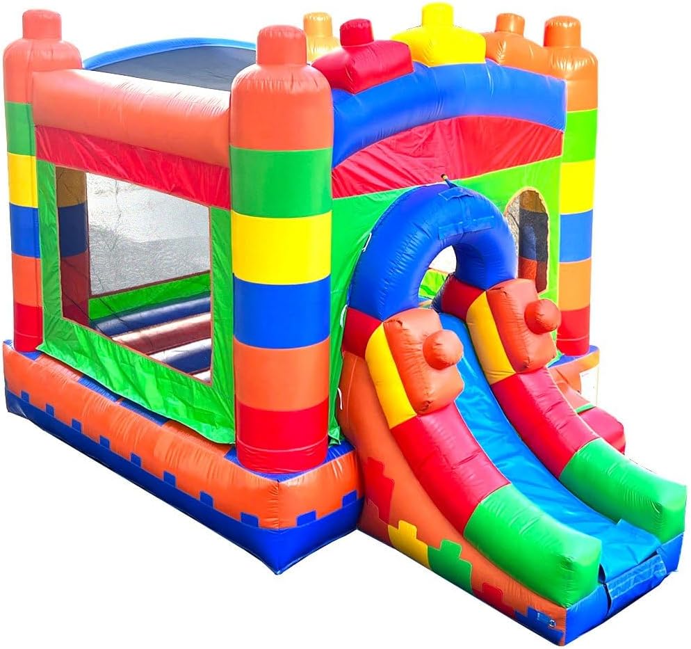 Crossover Inflatable Bounce House with Slide (Without Blower) 18 x 12 x 14.5 Foot Building Block Bounce House Combo Waterslide with Basketball Hoop, Water Misting System, Stakes and Storage Bag