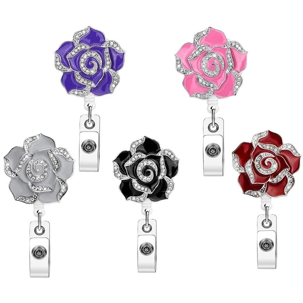 Pink Rose Crystal Pearl Badge Reel - Magnetic Retractable ID Holder For Nurses & Teachers