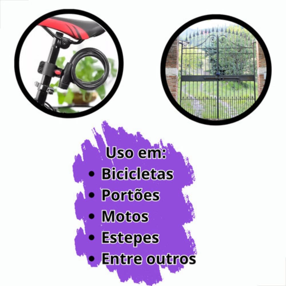 Cadeado para Bicicletas Bikes Motos e Pertences Valiosos Cabo de Aço Senha Numérica de 4 Dígitos Segredo Proteção Segura e Prática com Cabo de 100 cm e 8 mm