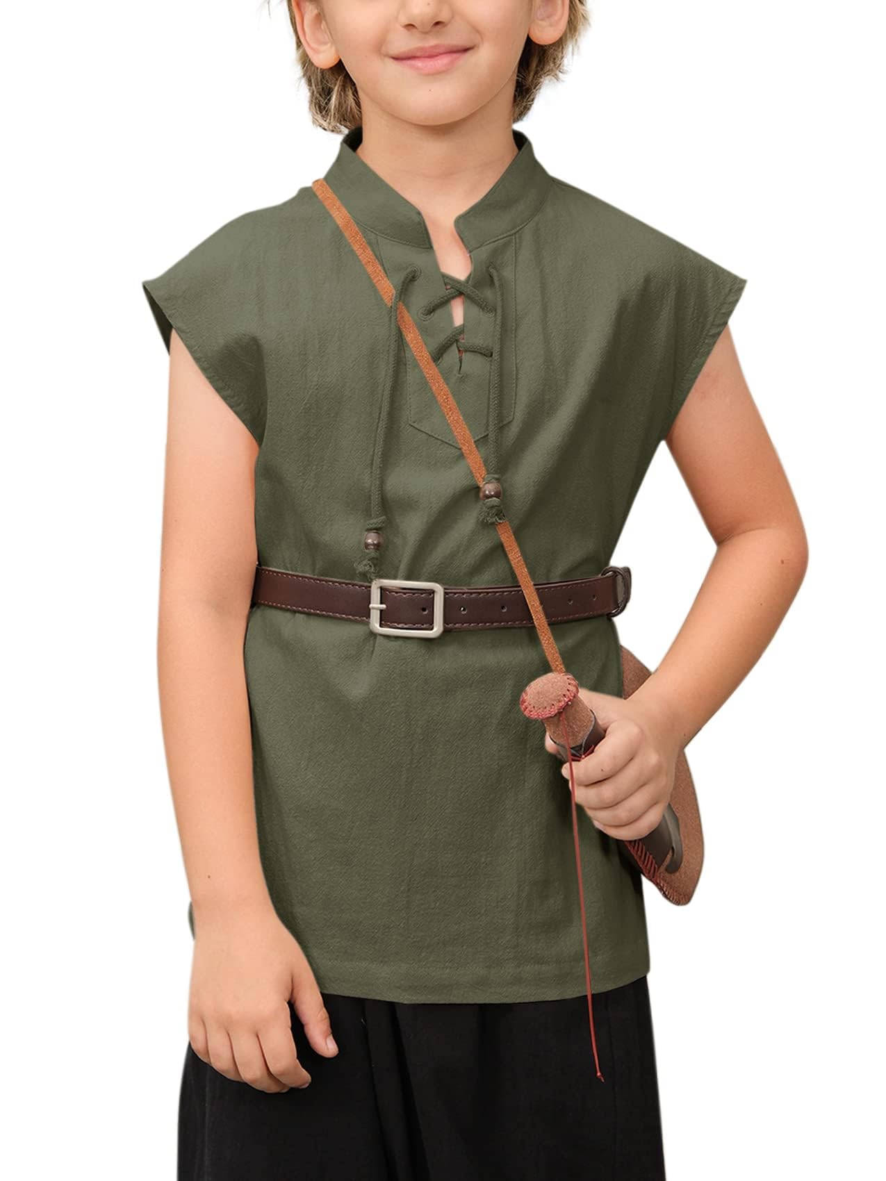 Haloumoning Boys Renaissance Pirate Sleeveless T Shirts Kids Viking Medieval Lace-up Shirt Scottish Costume Tank Tops,Army green,3-4 Years โ image 1