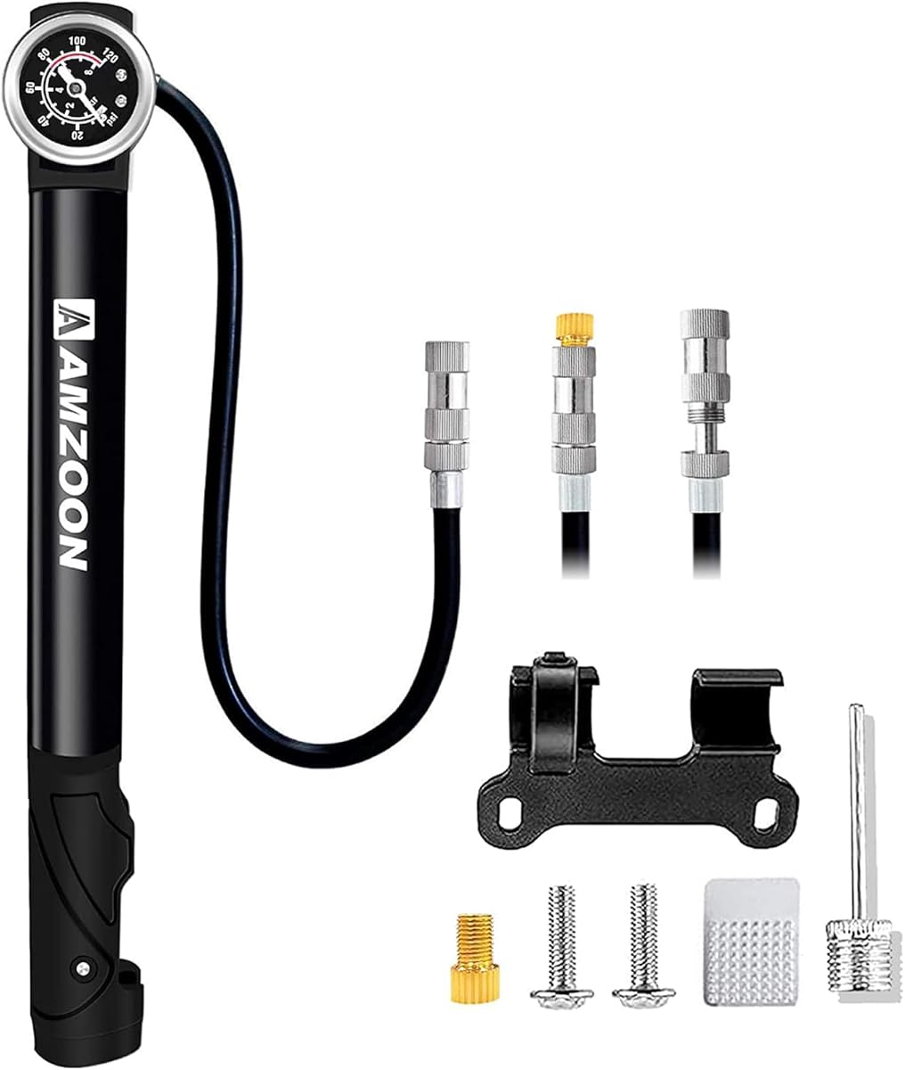 AMZOON Fahrradpumpe mit Manometer, verlängerter Schlauch, Mini-Pumpe, geeignet für Schrader- und Presta-Ventil, mit Nadel zum Aufpumpen