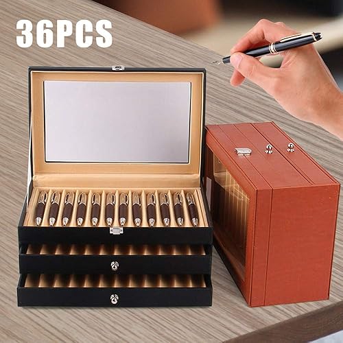 Miniatura 5 de Caja expositora de 24/36 ranuras para bolígrafos, piel sintética, almacenamiento de bolígrafos, estuche coleccionista con ventana de cristal, caja