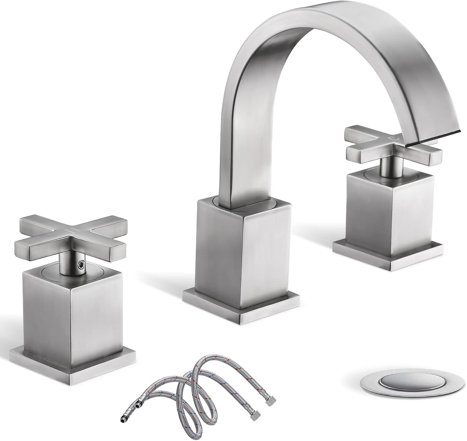 Brushed Nickel Waterfall Bathroom Faucet, 3 Hole Widespread Modern Sink Faucet, with 360 Degree Swivel Spout, Pop Up Drain & Water Supply Lines by Phiestina, WF001-10-BN