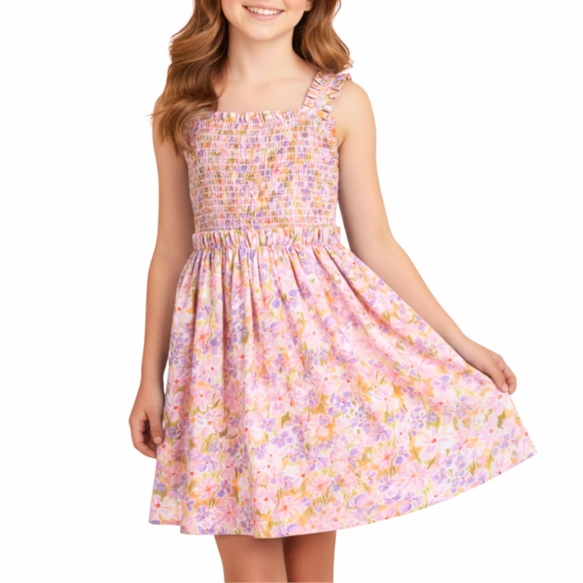 WELAKEN Girls Summer Sundress Criss Cross Back Ruffle Strap Elastic Waist Ruched Dress