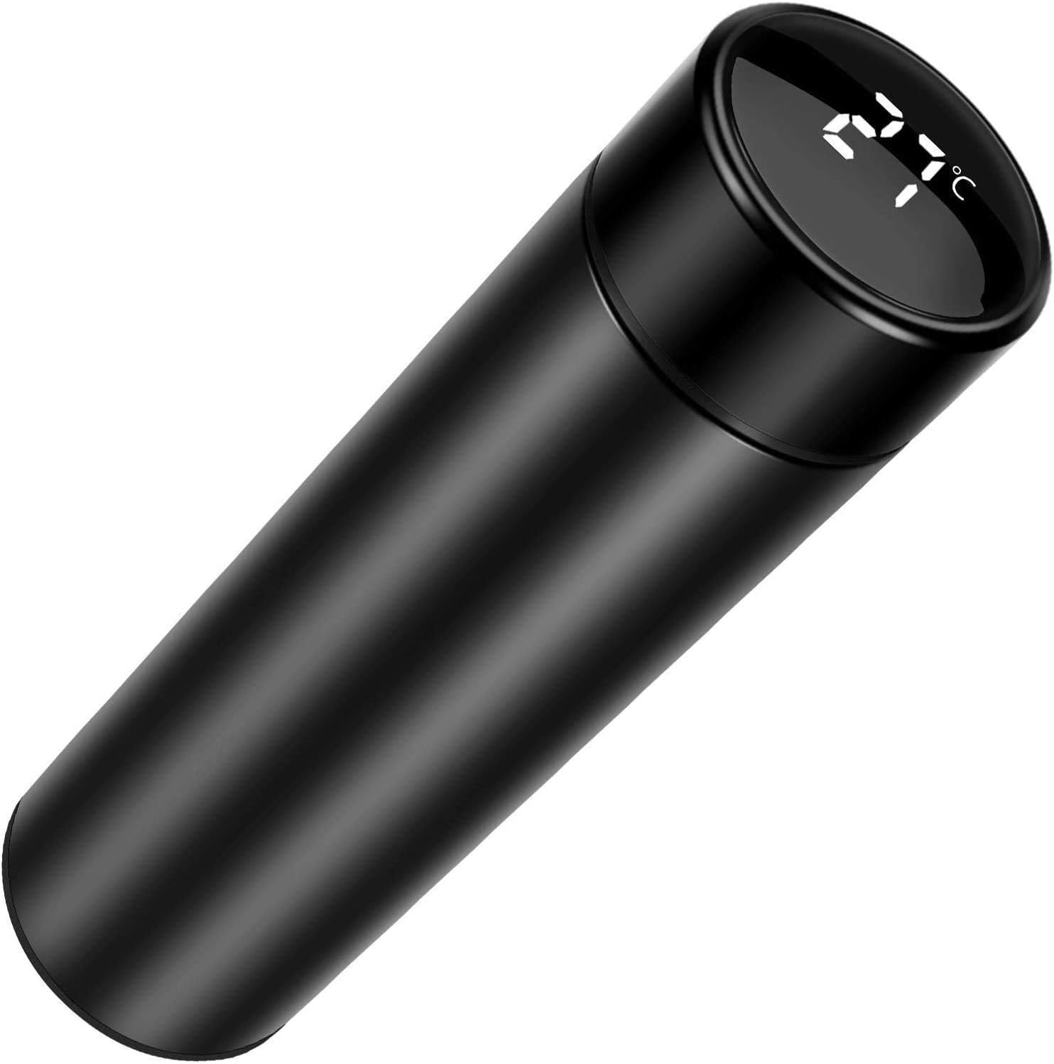 Stainless Steel Black Double Walled Vacuum Insulated 500ml Bottle with LED Temperature Display / 12 Hour Hot & Cold Smart Thermos Flask (500ml, Black)