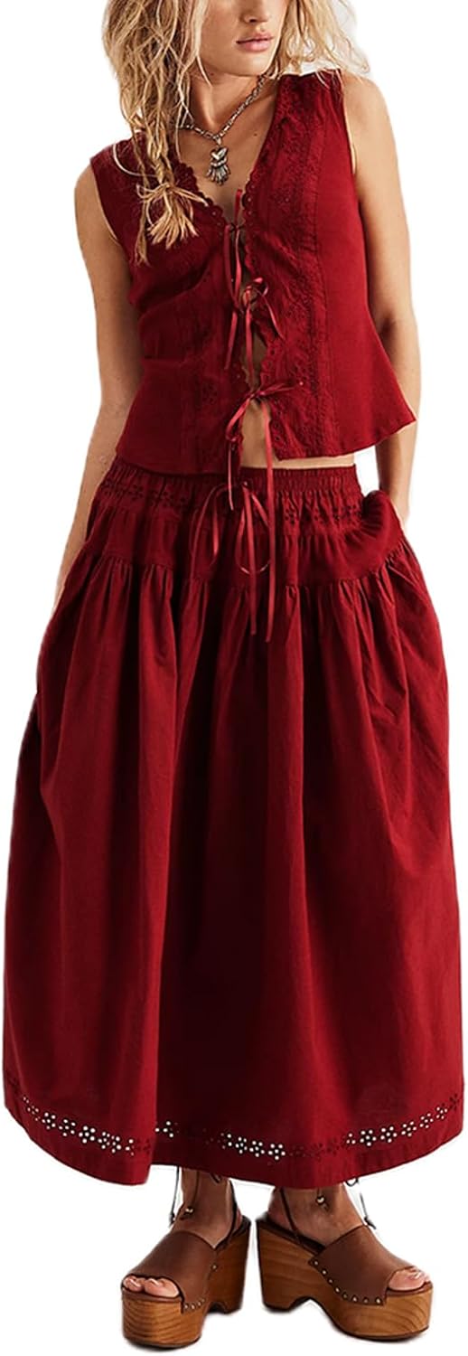 HOXIJIA Women Long Skirt 2 Pieces Set Hollow Out Eyelet Lace Tie Front Vest and Skirt 2PCS Outfits Vintage Solid Color Set