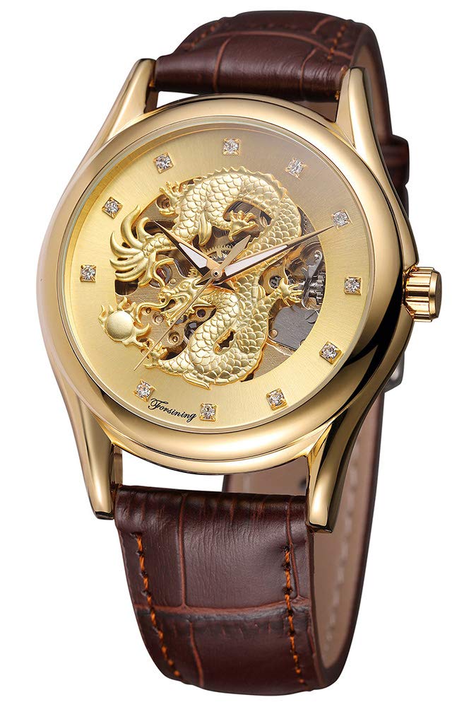 MASTOP Watches Mens Luxury Leather Men Automatic Mechanical Watch Dragon Collection Gold Skeleton Wrist Watch