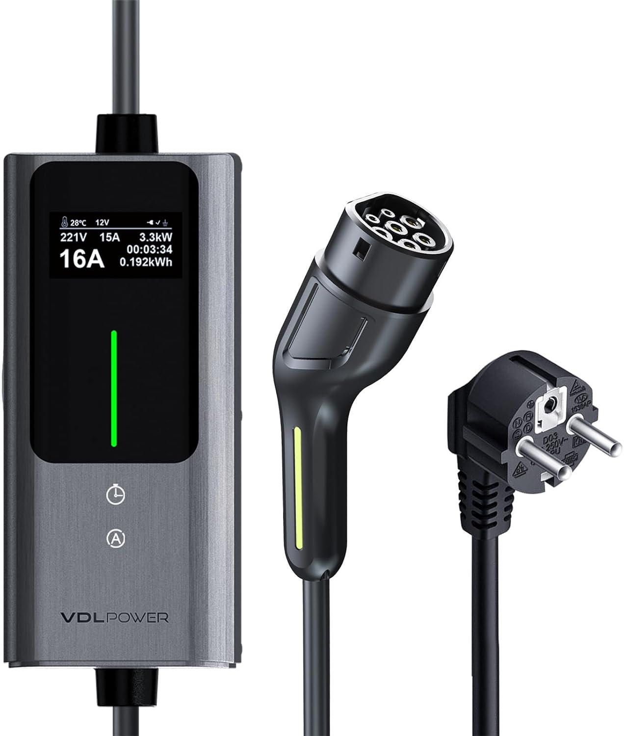 VDLPOWEREU EV Charger Type 2 Electric Car, 3.6 kW, 6-16A, 5 m, Portable Electric Vehicle Charger with Digital Display, Waterproof IP65, IEC 62196-2