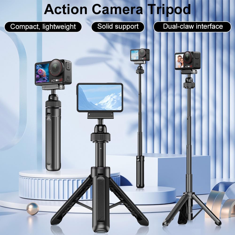 Osmo Action Tripod Stand with Magnetic Quick Release Adapter, Five-Section Telescopic Pole, 360 Rotation Mini Selfie Stick Extension Rod Handle Grip Monopod for DJI 360 Osmo Action 5 Pro 4/3