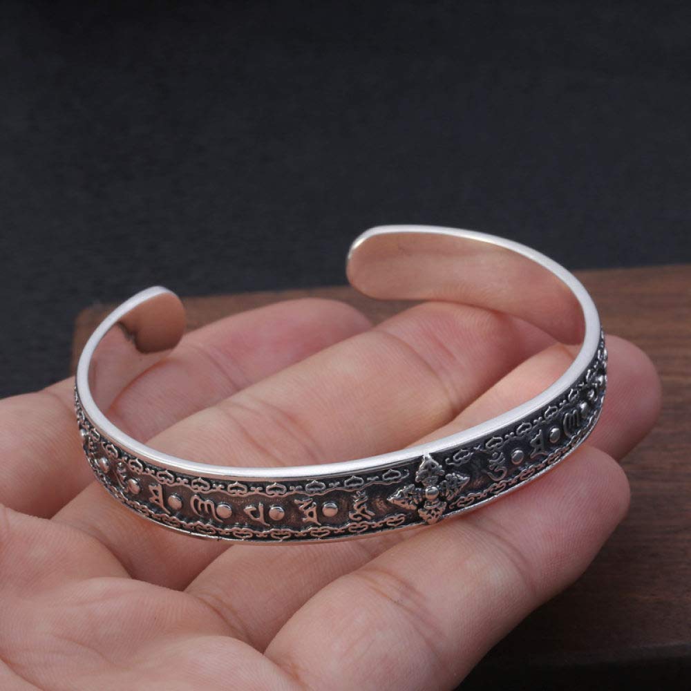 S925 Vintage Pulsera De Plata para Mujeres Hombres Apertura De Seis Caracteres, Instrumento Mantra Budista Sencillo Y Simple Estilo Chino Personalidad Creativa Encanto Hermoso Regalo