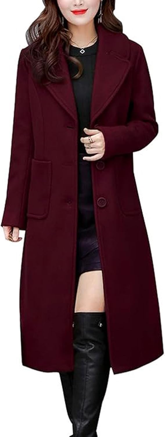 SOMTHRON Women's Casual Wool Blend Trench Coat Single Breasted Notched Lapel Mid Long Pea Coat Overcoat