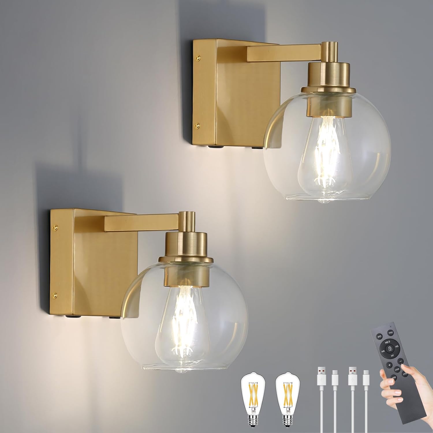 Battery Operated Wall Sconces Set of Two Glass Gold Cordless Rechargeable Wall Sconces with Remote Control LED Dimmable Wall Lights for Living Room Hallway (2 Pack)