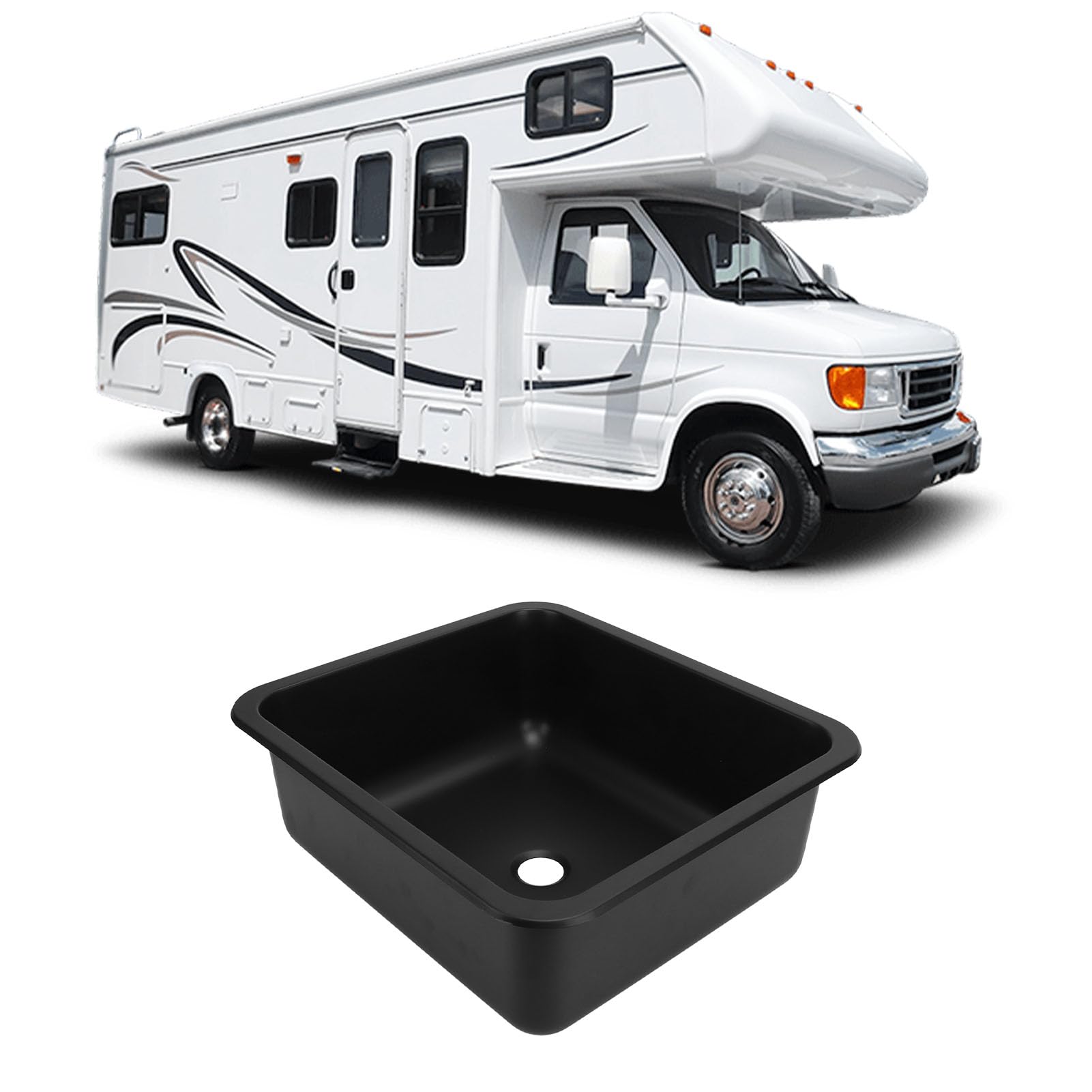 FLEXMAN Wohnmobil Spüle, 400 X 360 X 150 mm, Wohnmobil Küchenspüle mit Gummidichtung, Edelstahl Einzelbecken, Tiefes Rechteckiges Küchenwaschbecken für Wohnwagen, Wohnmobil, Boot (Schwarz)
