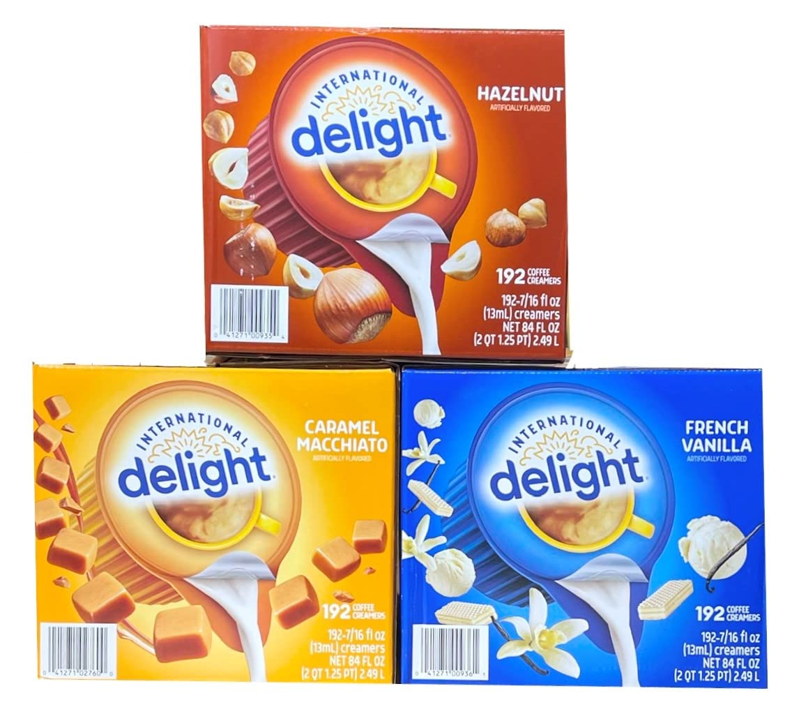 International Delight French Vanilla 192 count, Caramel Macchiato 192 count AND Hazelnut 192 count single portions, 3 boxes total