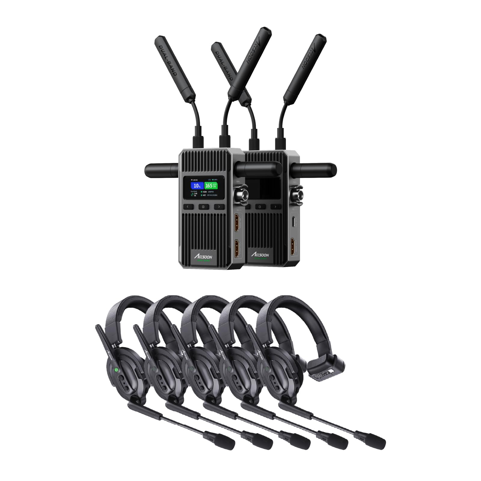 Accsoon CineView 2 SDI Wireless Video Transmission System wih Como Wireless 1 Host 4 Remote Headset Intercom System