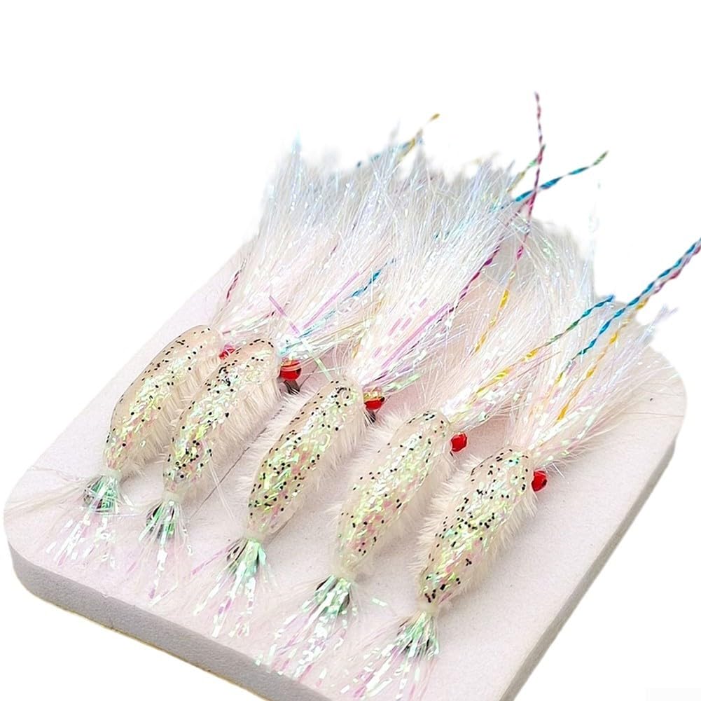 Vootnifig fOR 5pcs Saltwater Shrimp Fly Fishing Lures, FOR High Carbon Steel Hooks, for Sea Trout Bass Salmon White(12#)