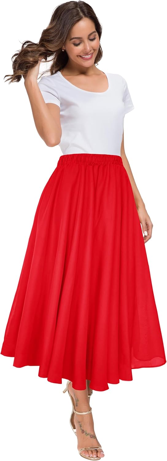 Afibi Women High Waist Floral Print Swing Chiffon Beach Midi Long Skirt with Pockets - Image 3