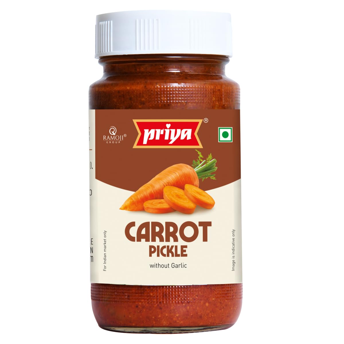 Priya Carrot Pickle without Garlic, 300g - Authentic Telugu Style Achar| Traditional South Indian Taste | Homemade Gajar Achar | Tangy and Spicy| With Carrot Pieces and Mixed Spices | Glass Jar
