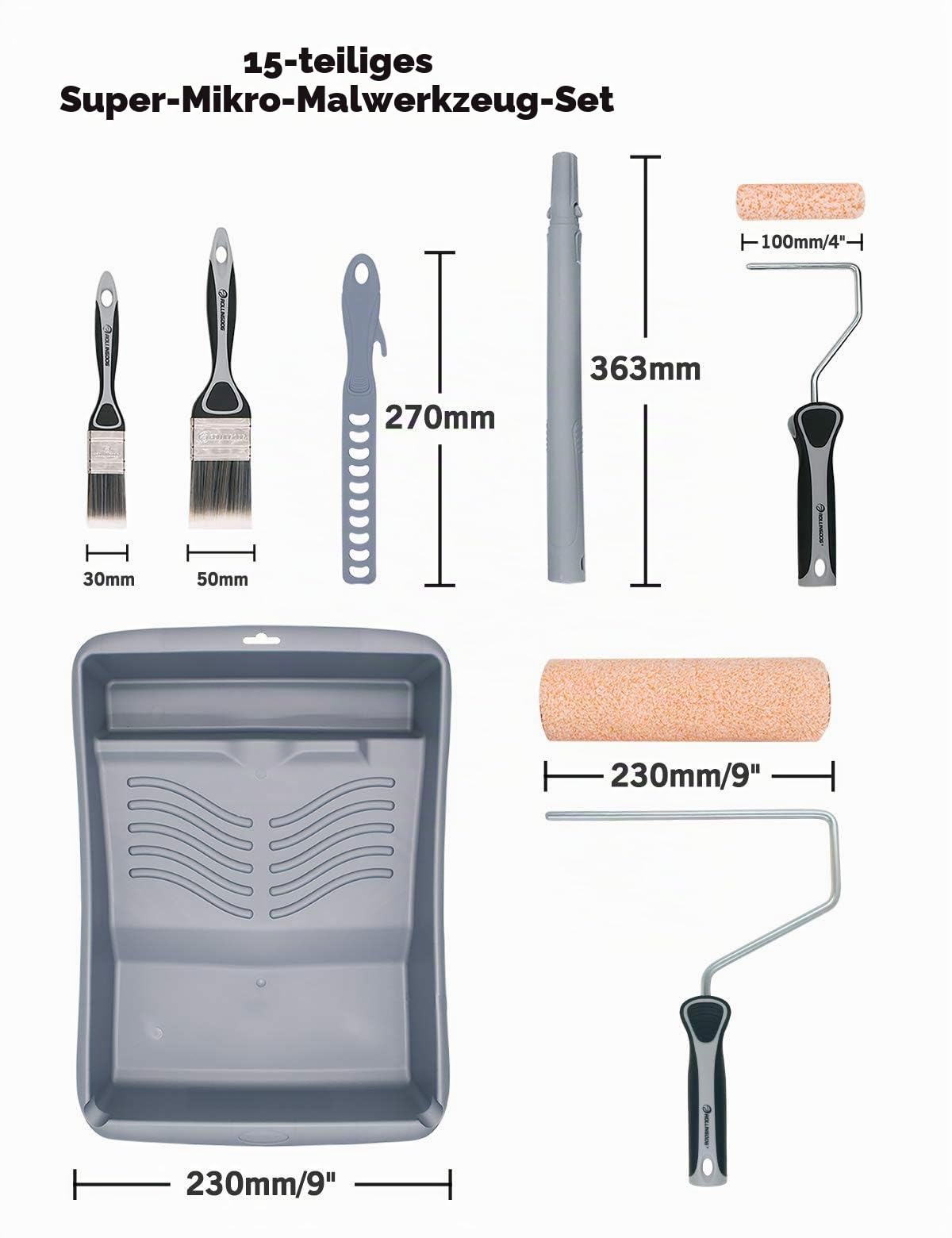 ROLLINGDOG 15-teiliges Farbrolle Set - mit maler teleskopstange Flachpinsel 10,2 cm Farbrolle,Farbrollerabdeckungen,Anschließbare Teleskopstange,Farbwalzenrahmen und Farbrührer