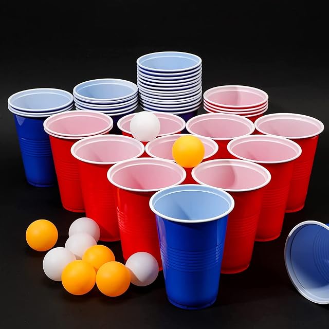 WERTYT 50 Beer Pong Cups, 473 ml 16 oz Party Cups Set Red and Blue, Beer Pong Cups with 5 Balls, Beer Pong Set, College Cup Drinking Game for New Year Christmas Camping Wedding