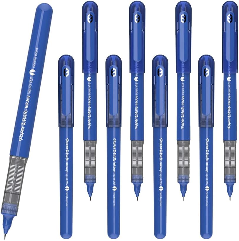 FNX 10 x Paper Mate Inkjoy Rollerball Pen | Liquid Ink that is Quick-Drying with Less Smudge | 0.5mm Needle Point Fine Nib for Precise Writing | Blue Colour Ink | Loose in Plain Packaging
