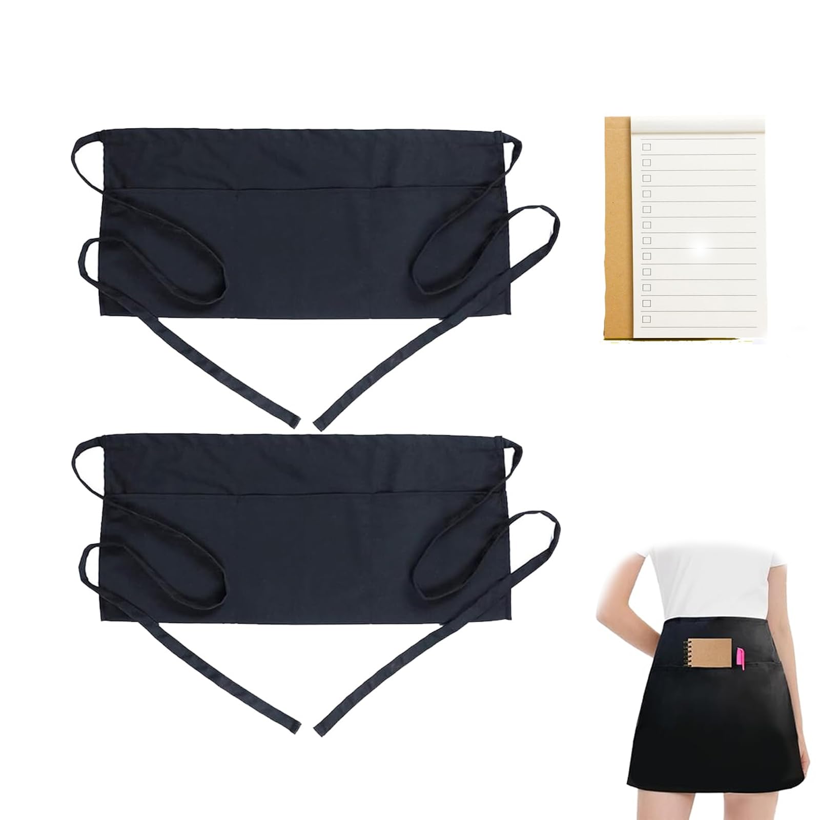 Bytleoutj Women's Black 2Pcs Waitress Apron, Waist Apron Short Half Server Aprons For Waitress Waiter Chef Men With 3 Pockets With 2 Restaurant Order Pad