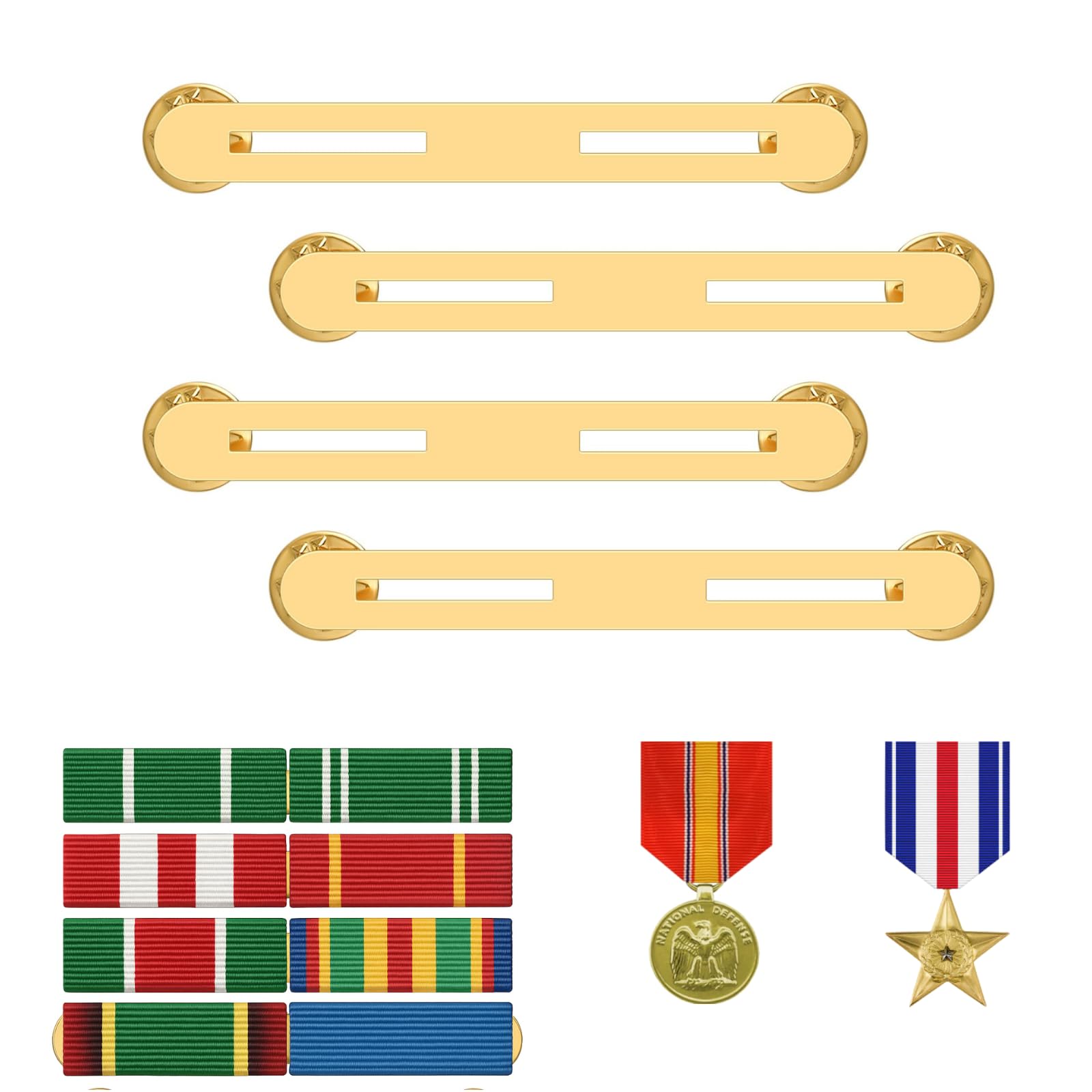 4 Pcs Patriotic Military Award Ribbon Mounting Bars 2 Brass Holders with Butterfly Clasps for Independence Day Uniform Display Veterans Active Duty (2 Ribbon Rack)