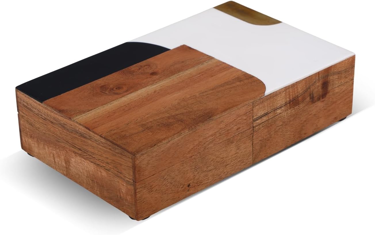 Handicrafts Home Decorative Storage Box, Keepsake Box Jewellery Organiser Abstract Wood Box, Handmade Wooden Jewelry Box with Resin & Brass Inlay, Memory Box for Home Decor, Coffee Table- 8x5x2