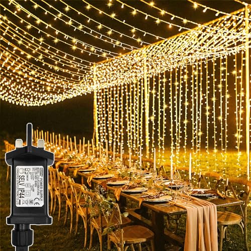 yowin Curtain Lights 600 LED 6m x 3m Christmas Window Lights, 8 Modes Plug in Curtain Fairy Lights Outdoor Waterproof Waterfall Christmas Lights for Gazebo Wall Wedding Xmas Decorations (Warm White)