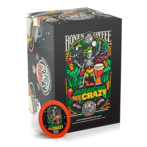 Bones Coffee Company - Cápsulas de café con sabor a Jamaican Me Crazy, 12 cápsulas de café de una sola porción, compatibles con cafetera Keurig 1.0