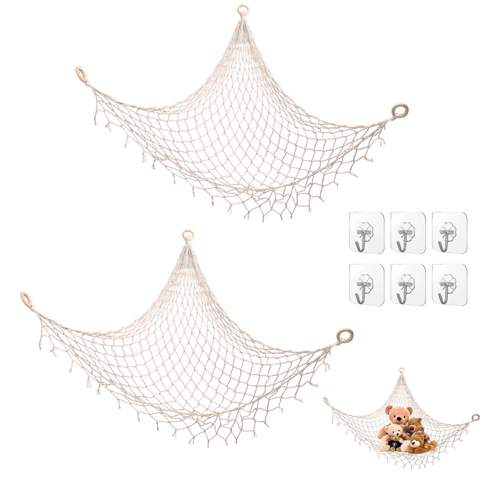 Amaca di Peluche per Bambini 110x110cm Portaoggetti in Rete da Pesca con Ganci di Sicurezza