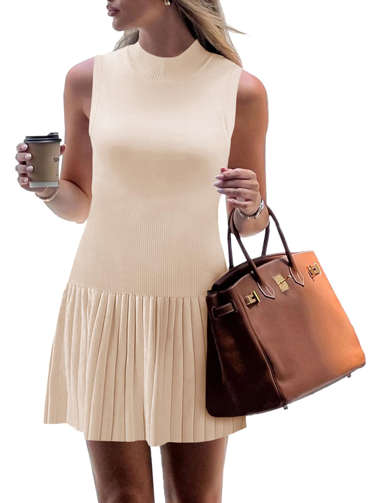 Wenrine Womens Pleated Mini Dress Sleeveless Summer Tank Dresses | mock neck, drop waist, flowy, ribbed knit, casual short dress