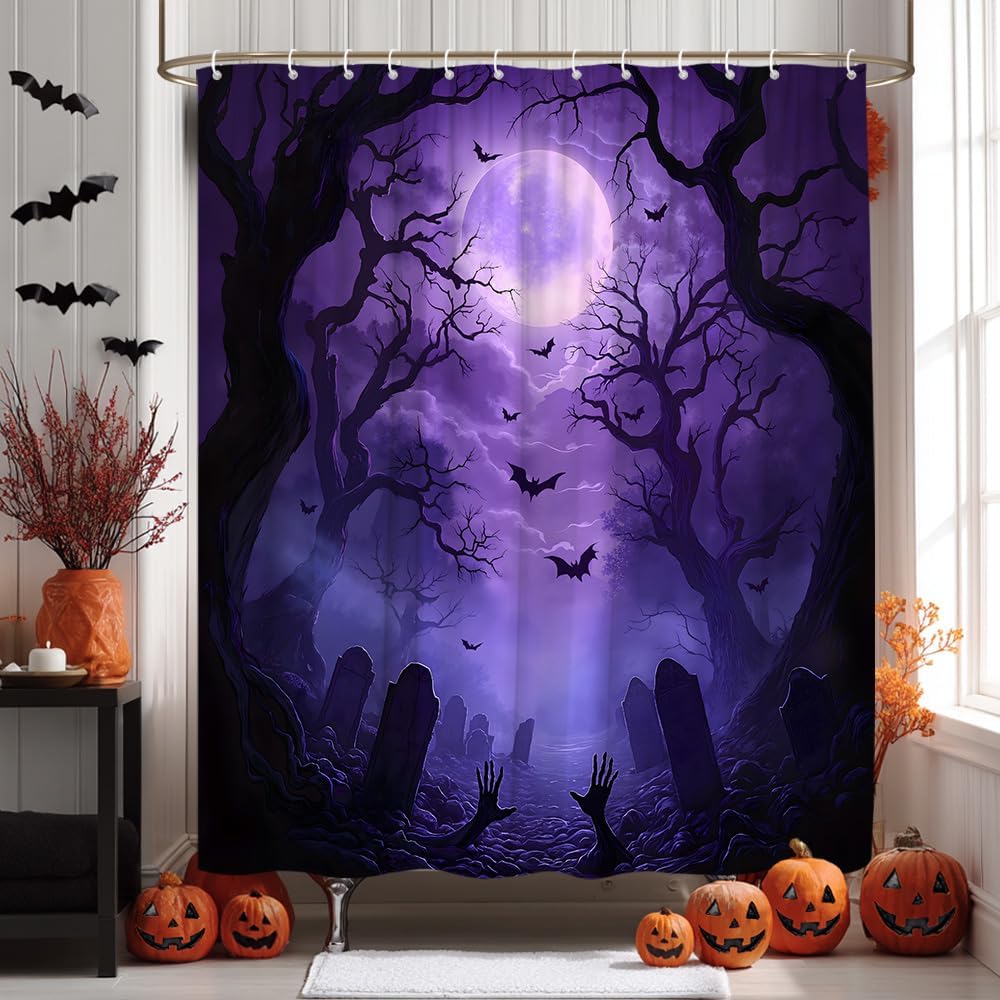 Halloween Spooky Graveyard Shower Curtain Purple Night Misty Forest Scene Flying Bat Full Moon Gothic Bathroom Decor Polyester Fabric Curtains with Hook 80Wx70H Inches