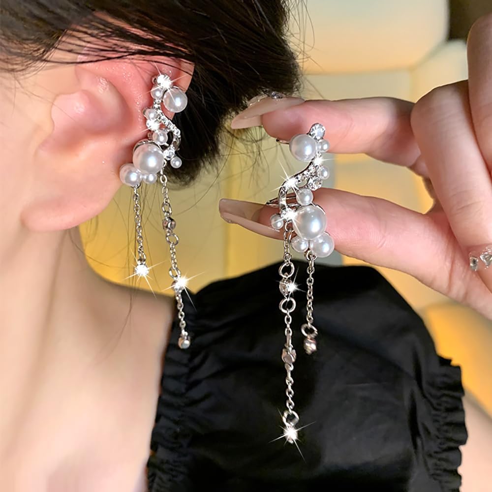 Pearl Long Tassel Ear Cuff Earrings for Women Sparkly Pearl Clip On Cartilage Earring Crystal Chain Pearls Non Piercing Statement Earring Jewelry Gift